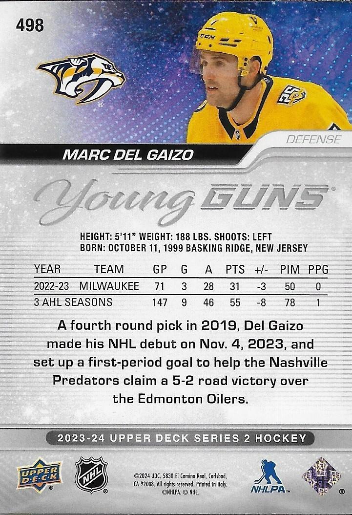 Signed Marc Del Gaizo Young Guns UD 23-24 Foil Nashville Predators Rookie Card
