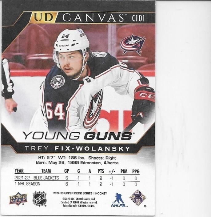 Signed Trey Fix Wolansky 22-23 UD Young Guns Canvas Columbus Blue Jackets Card