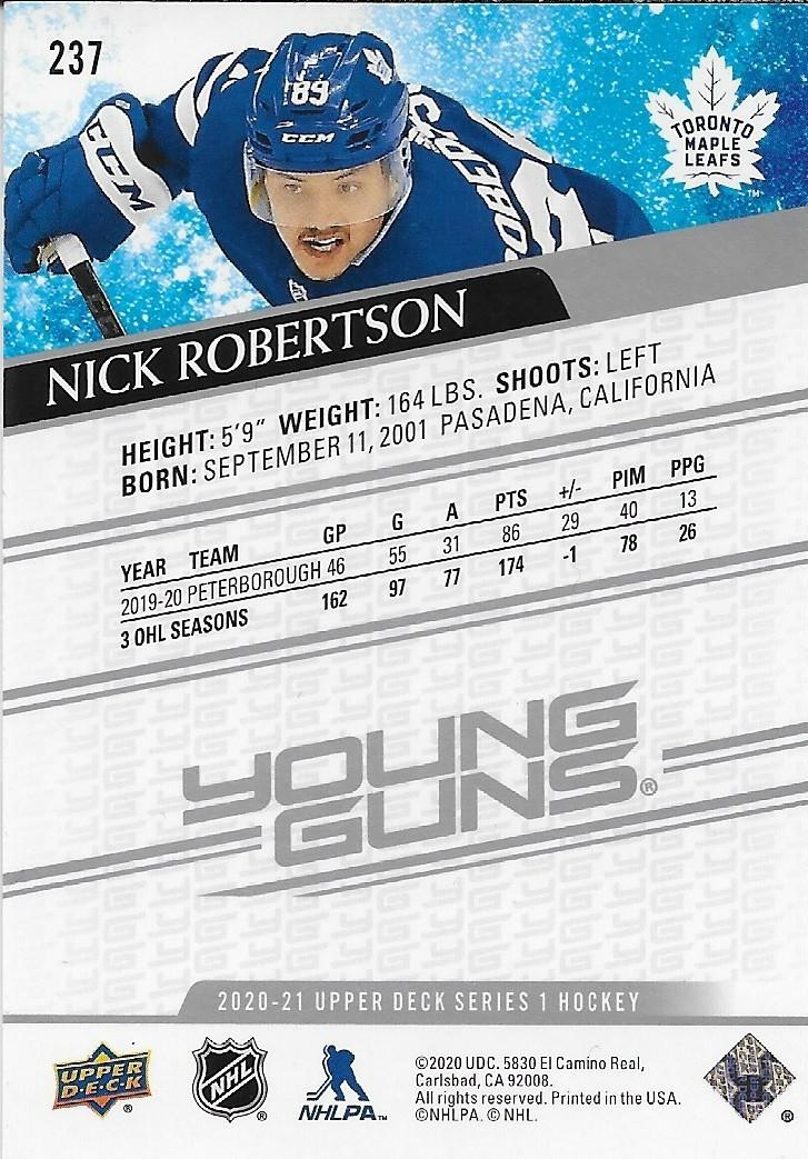 Signed Nick Robertson 2020-21 UD Young Guns Toronto Maple Leafs Rookie Card