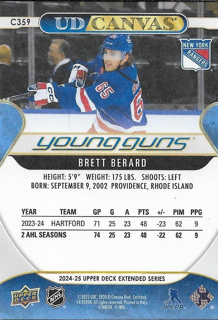 Signed Brett Berard 2024-25 UD Young Guns Canvas New York Rangers Rookie Card