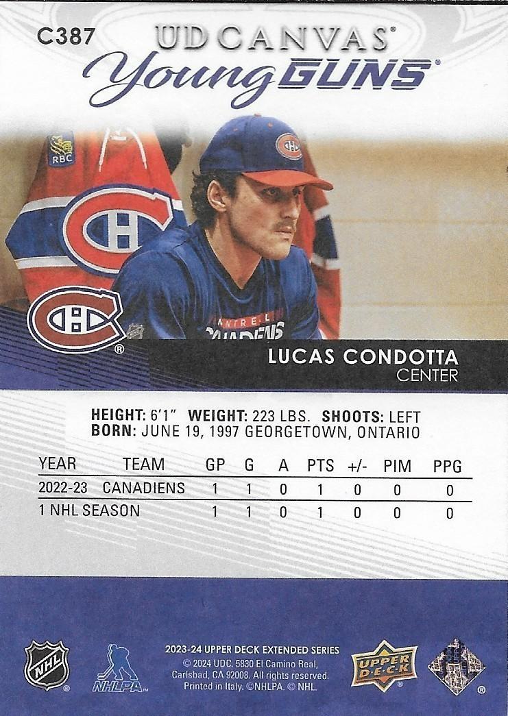 Signed Lucas Condotta Young Guns Canvas 23-24 UD Montreal Canadiens Rookie Card