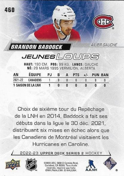 Signed Brandon Baddock 22-23 UD Jeunes Loups Young Guns  Montreal Canadiens Card