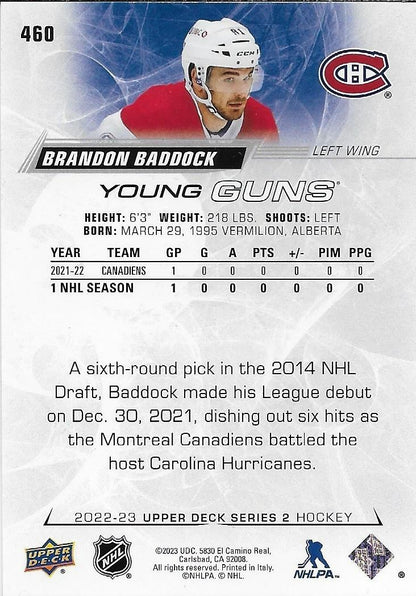 Signed Brandon Baddock Young Guns 2022-23 UD Montreal Canadiens Rookie Card