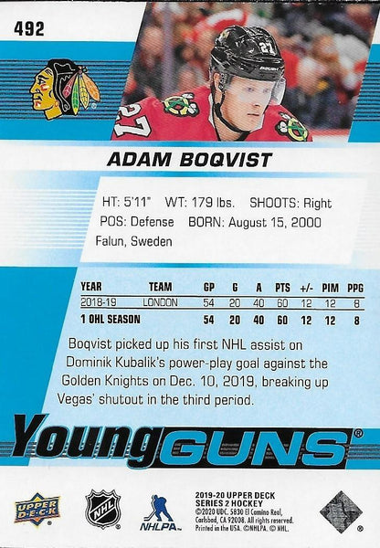 Signed Adam Bogvist 2019-20 UD Chicago Blackhawks Young Guns Rookie Card