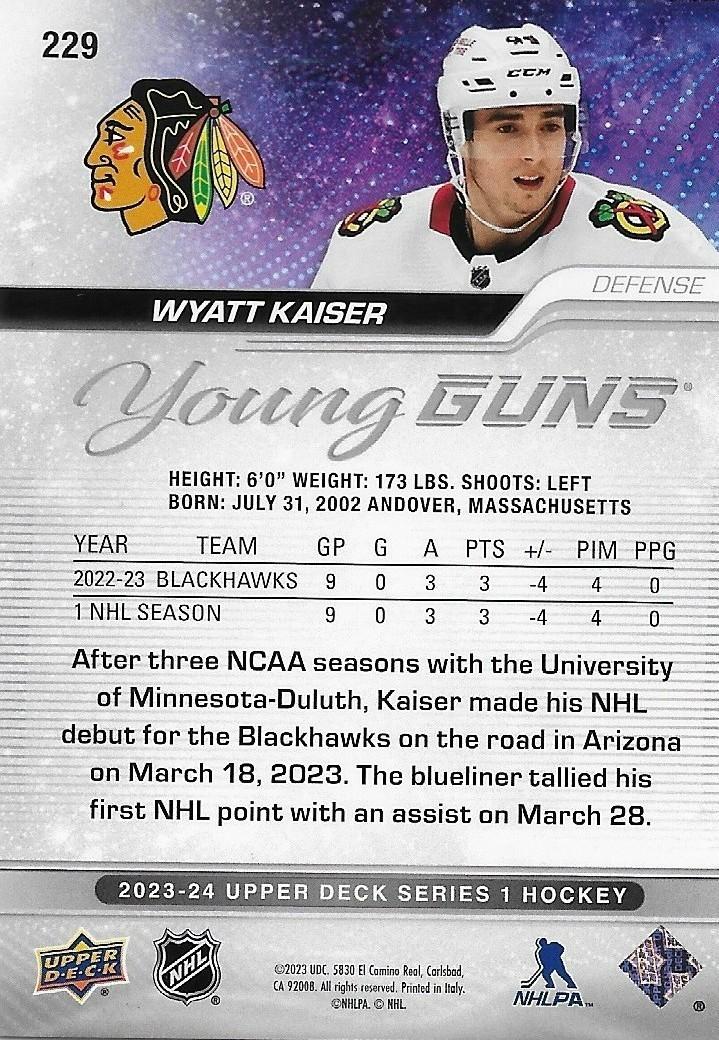 Signed Wyatt Kaiser Young Guns 2023-24 UD Chicago Blackhawks Rookie Card