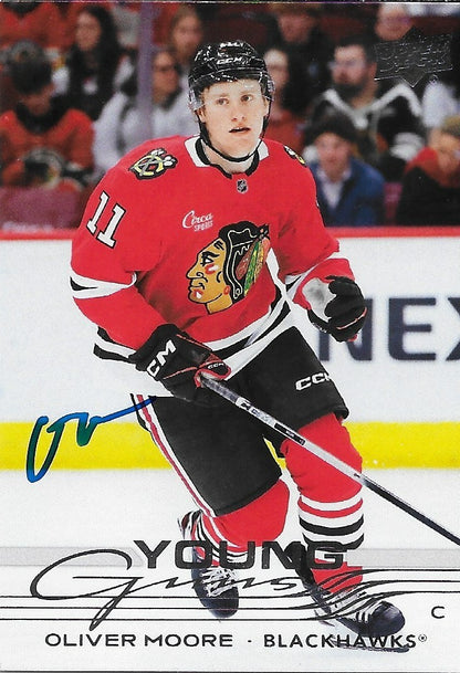 Signed Oliver Moore Young Guns 2025-26 UD Chicago Blackhawks Rookie Card
