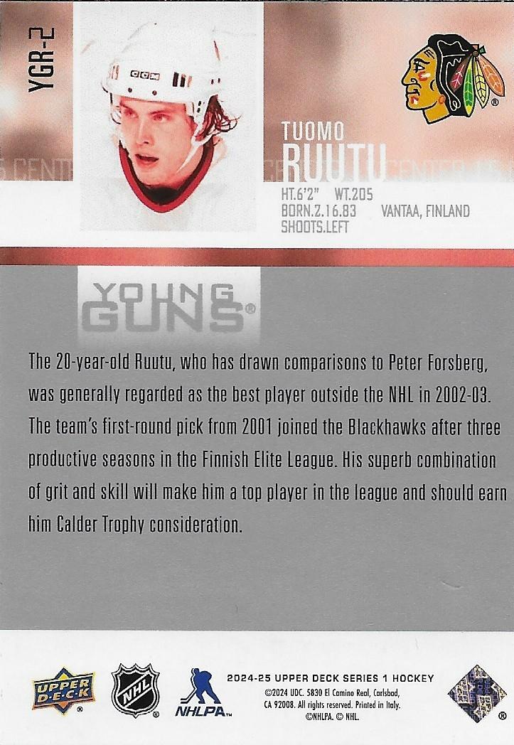 Signed Tuomo Ruutu Young Guns 2024-25 UD Chicago Blackhawks Rookie Card