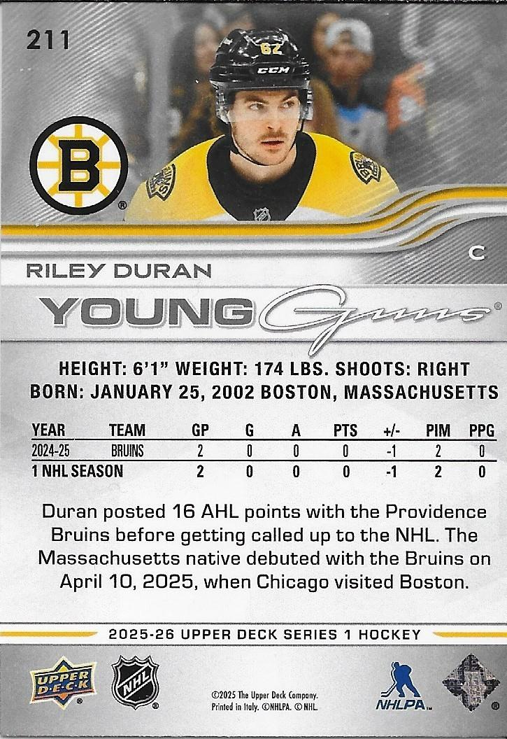 Signed Riley Duran Young Guns UD 2025-26 Boston Bruins Rookie Card
