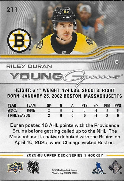 Signed Riley Duran Young Guns UD 2025-26 Boston Bruins Rookie Card
