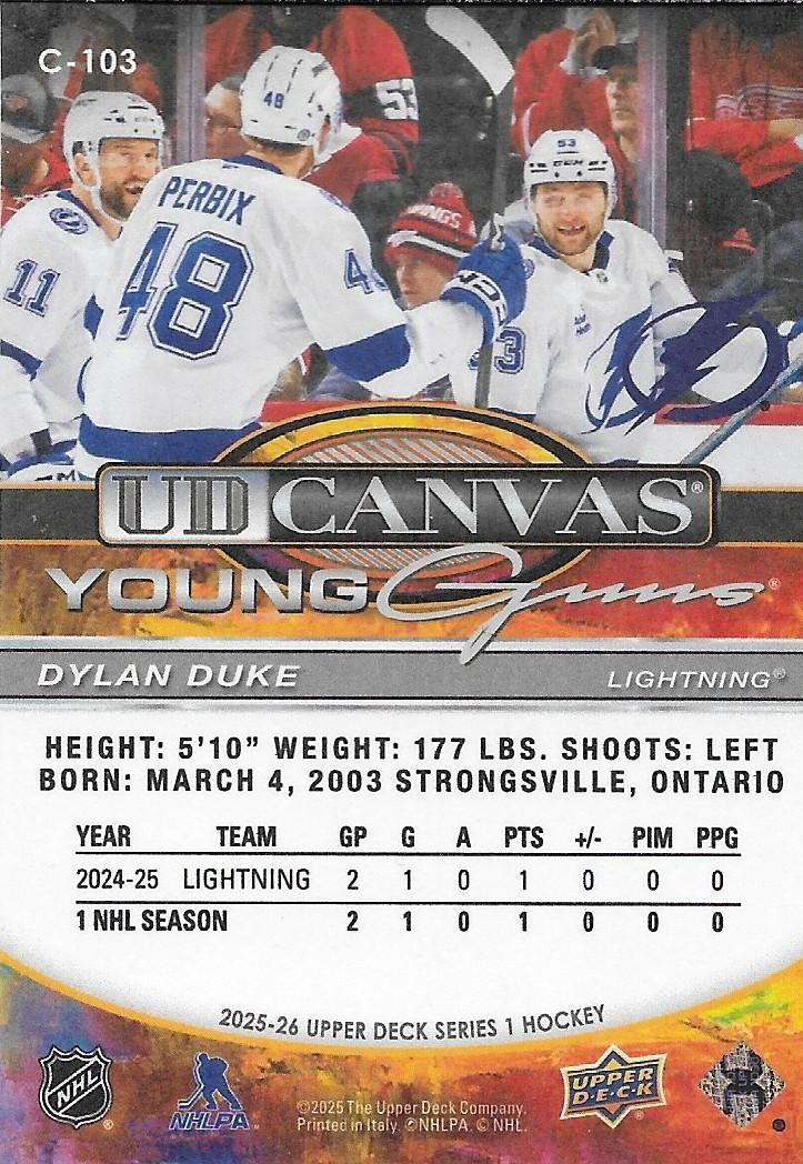 Signed Dylan Duke Young Guns Canvas 2025-26 UD Tampa Bay Lightning Rookie Card