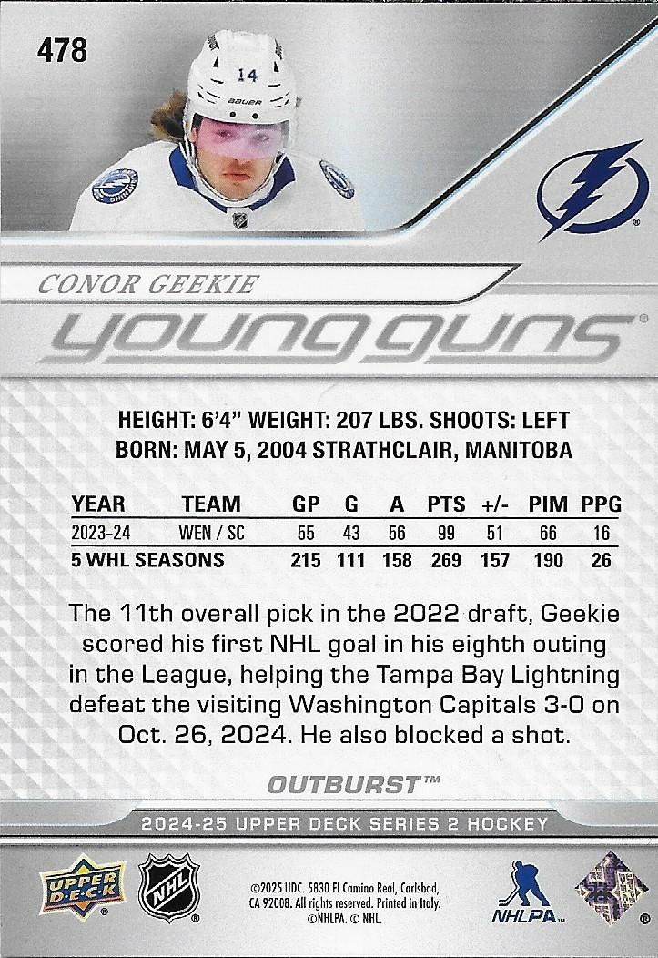 Signed Conor Geekie Young Guns Outburst 24-25 UD Tampa Bay Lightning Rookie Card