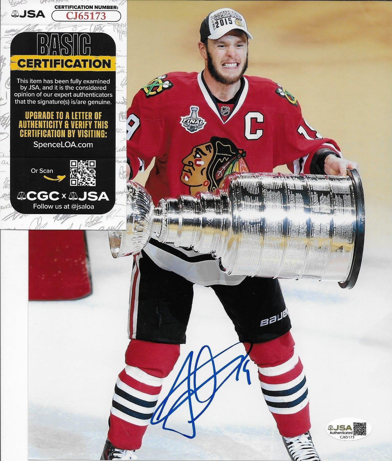 Signed Jonathan Toews Chicago Blackhawks Stanley Cup 8x10 Photo #2 JSA Authentic