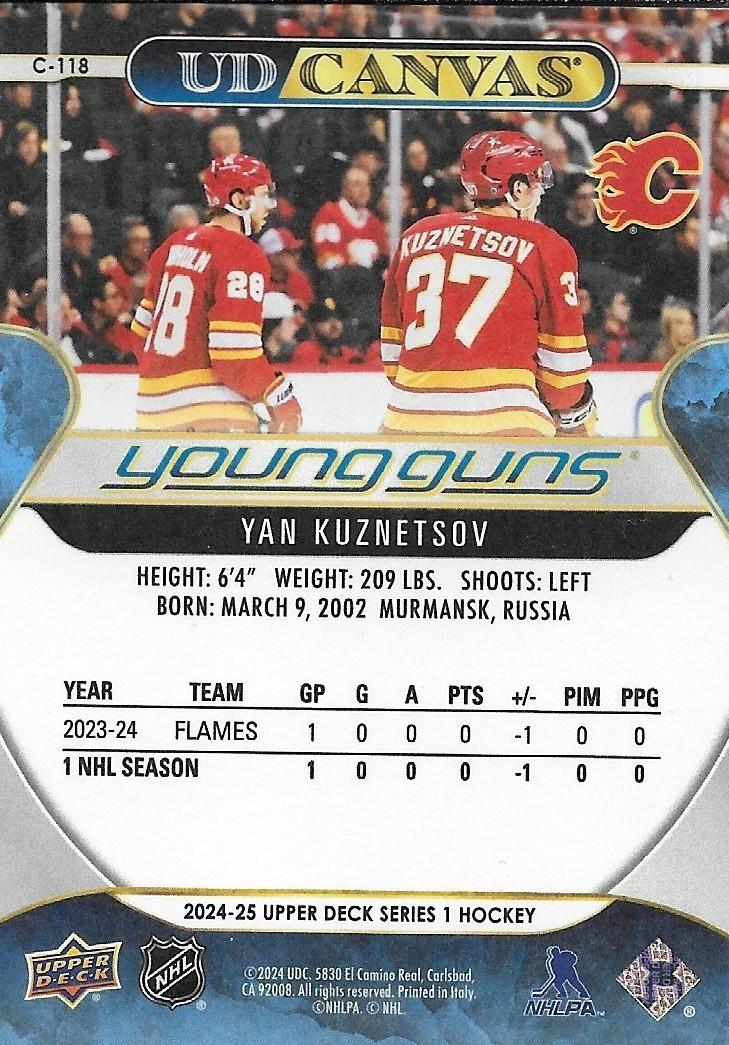 Signed Yan Kuznetsov Canvas Young Guns 2024/25 UD Calgary Flames Rookie Card #3