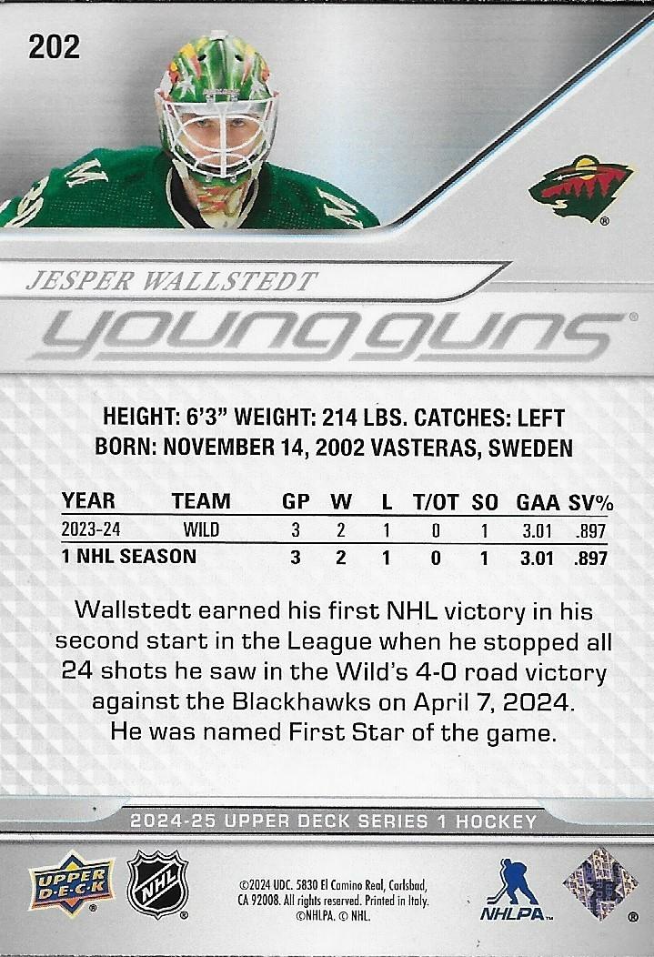 Signed Jesper Wallstedt Young Guns 24-25 UD Minnesota Wild Rookie Card