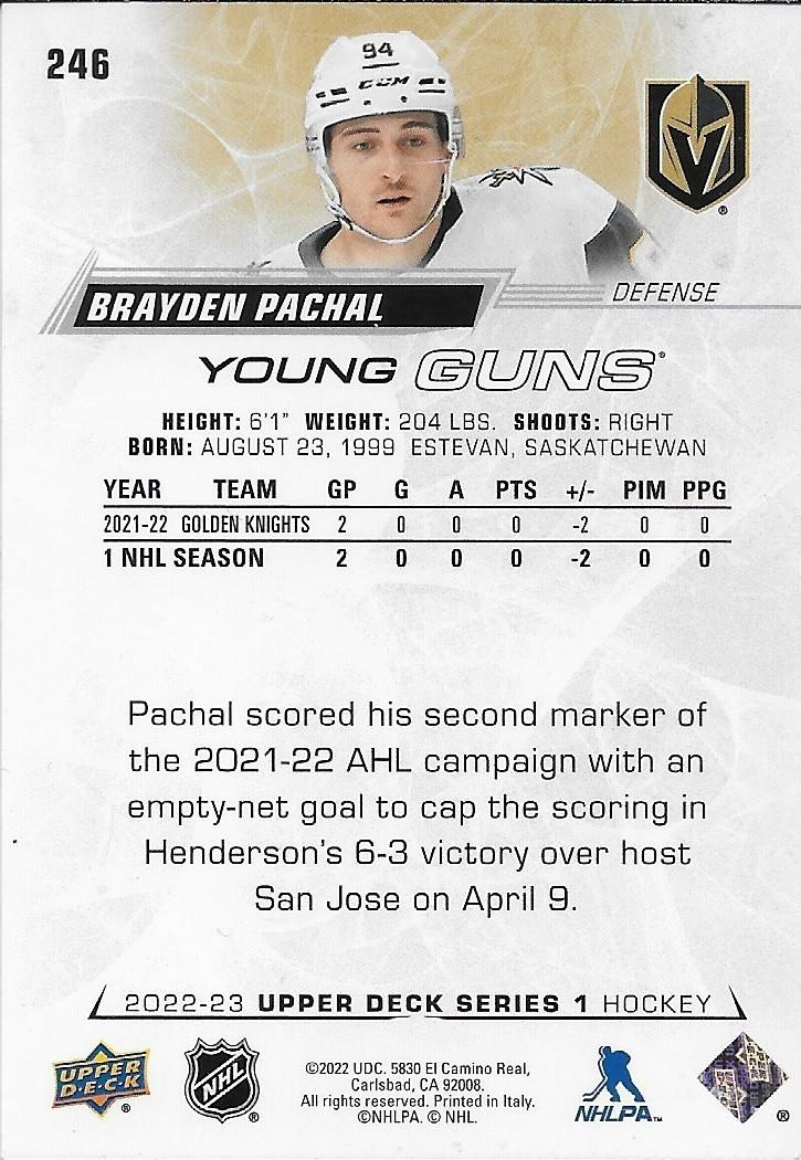 Signed Brayden Pachal Young Guns  2022-23 UD Vegas Golden Knights Rookie Card